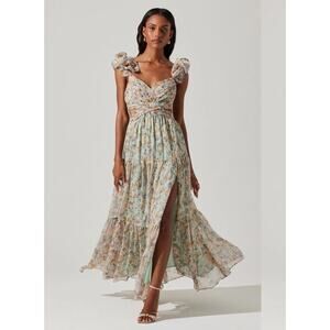 New ASTR the label Fritillaria Maxi Dress Multi Print Floral Green Size Small